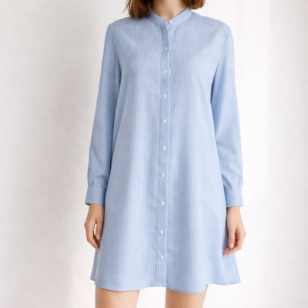 Mango MNG Tabasa Blue Striped Long Sleeve Silky Shirt Dress Tunic SZ 6 Preppy